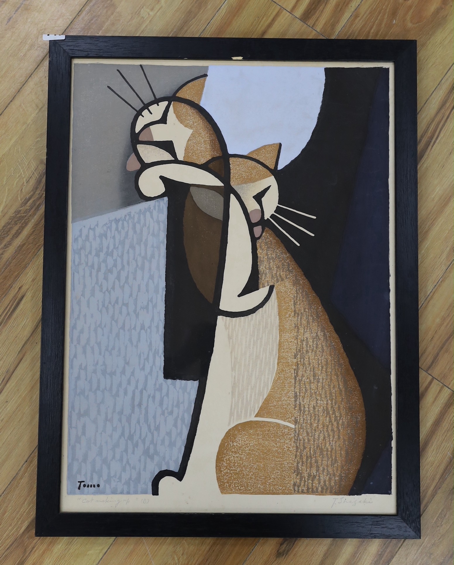 Inagaki Tomoo (1902–1980), woodblock, ‘Cat Making Up’, signed and inscribed, 62 x 45cm